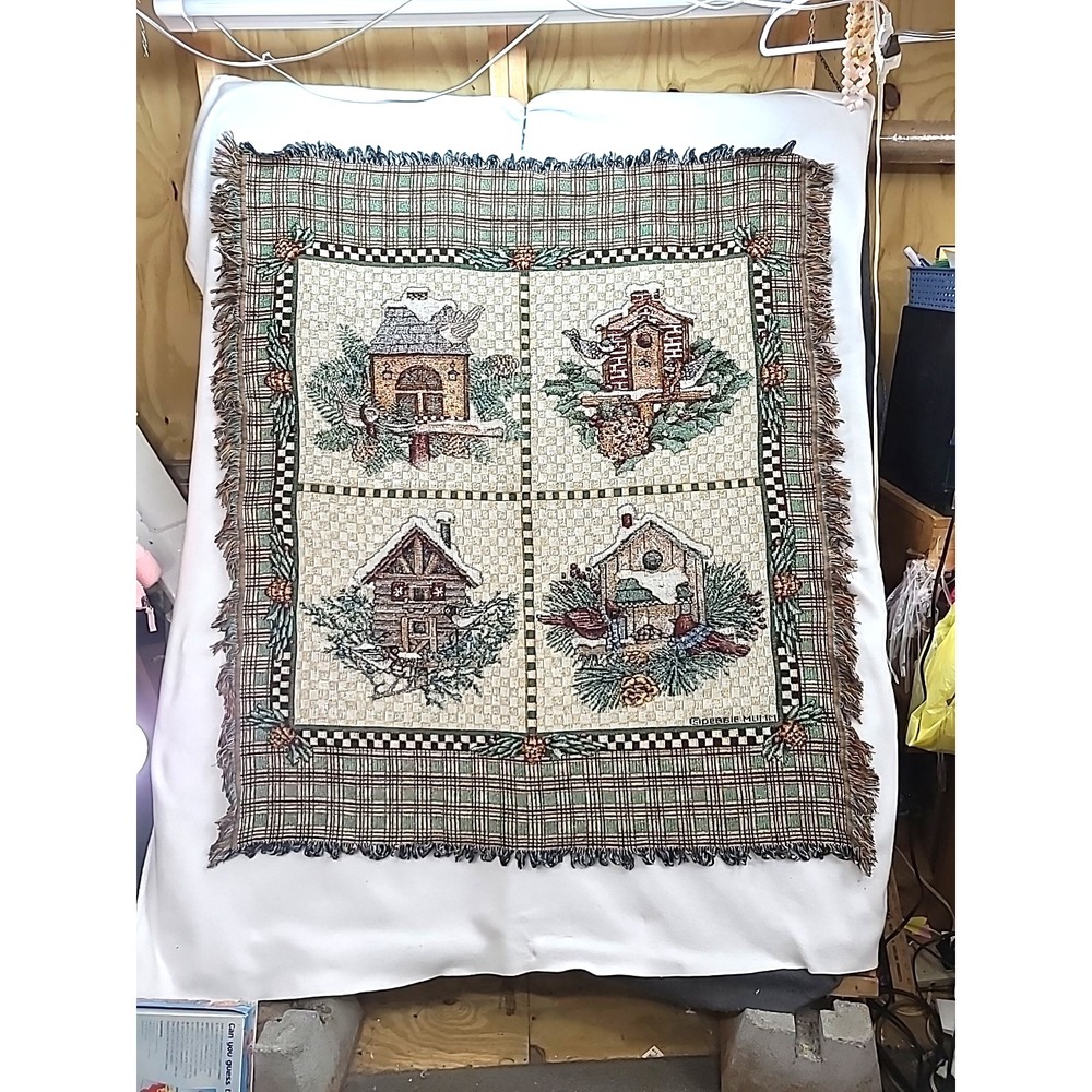 Vintage Debbie Mumm‎ Winter Birdhouse Woven Wall Tapestry Sofa Throw 45 x 53
